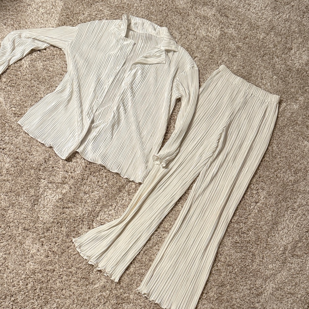 Silky White Pleated Pants + Button Down Set